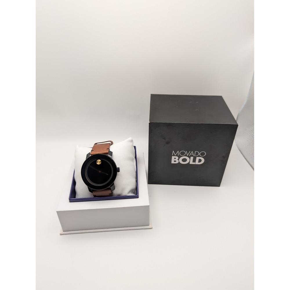 Movado Bold Watch Mens Large Brown Leather Black Dial MB.01.1.29.6008